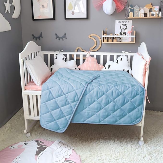 BEDSUM 100% Brushed Microfiber Down Alternative Toddler Comforter, Ultra Soft Lightweight and Warm Breathable Crib Quilted Blanket for Nursery Stroller Bed, 43x60 Inches, Aqua