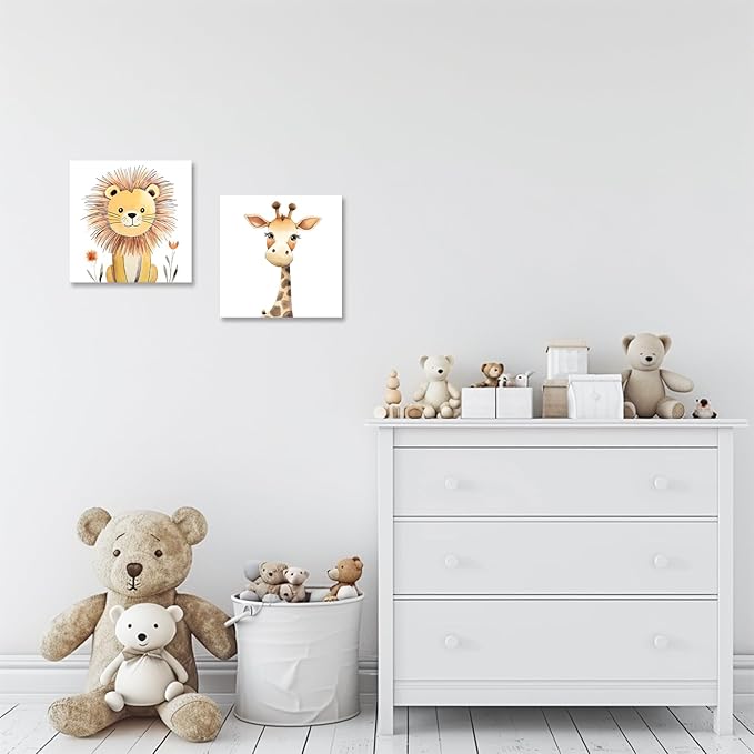 Baby Animal Framed Canvas Wall Art Set of 2 - Cute Baby Lion Giraffe Paintings Posters Woodland Animals Pictures Prints for Kids Room Bedroom Decor(Artwork-03, 12"x12"x2P)