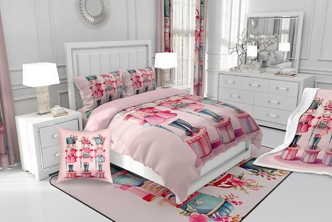 Feelyou Christmas Decorations Nutcrackers Kids Comforter Set Twin Size Pink Christmas Bedding Set Funny Nutcracker Duvet Quilt for Kids Boys Girls Bedroom Berries Printed Decor Kawaii Soft Breathable