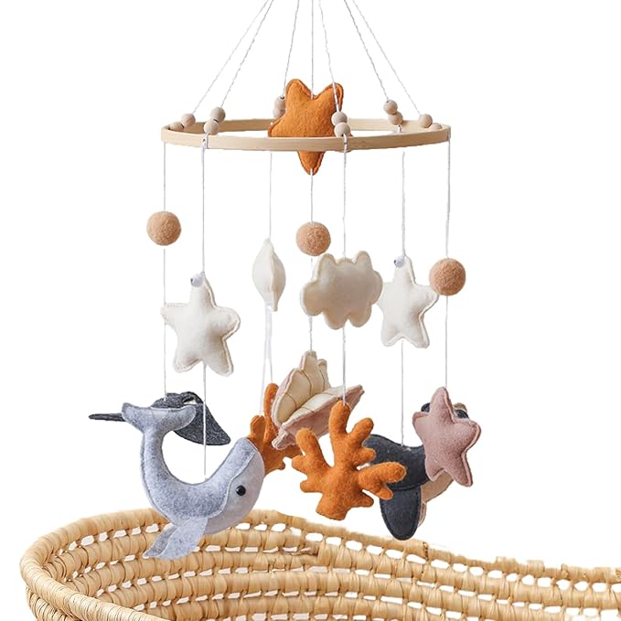 Baby Crib Mobile - Cartoon Toys Hangable Marine Animal Decoration for Nursery, Durable Soft Design with Rotating Bell, Baby Bed Ornament for Bassinet, Boys, Girls, Bedroom, Crib, 12x12x8 Inches