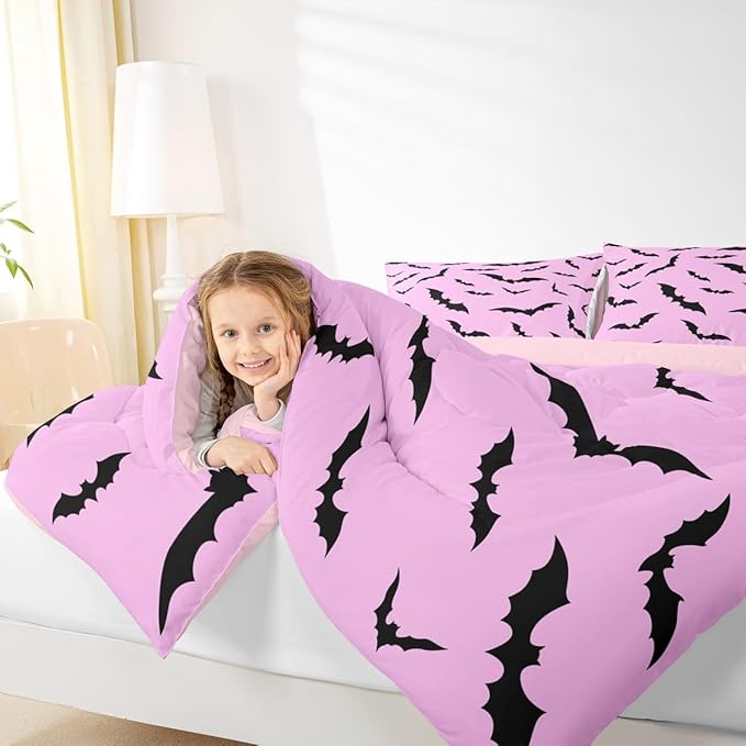 Erosebridal Gothic Bat Comforter Set Halloween Theme Bedding Set Toddler Size,Horror Spooky Animal Quilt for Kids Boys Girls Adults Black Bats Silhouette Down Comforter,Pink Goth Room Decor