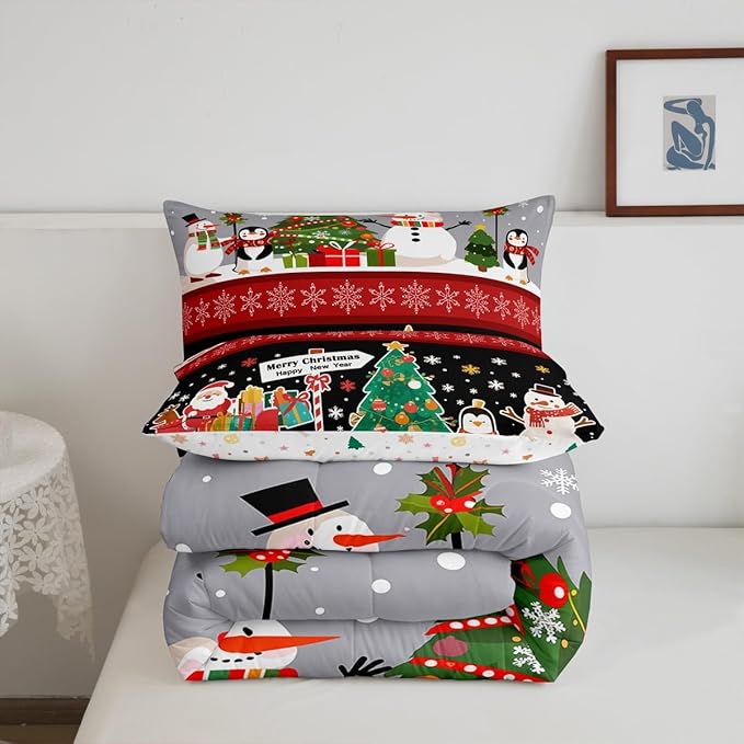 Erosebridal Christmas Tree Decor Quilts Cartoon Snowman Comforter Set for Teens Kids Boys Xmas Deer Elk Santa Claus Bedding Set for New Year Snowflake Red and Black Duvet Insert King Size