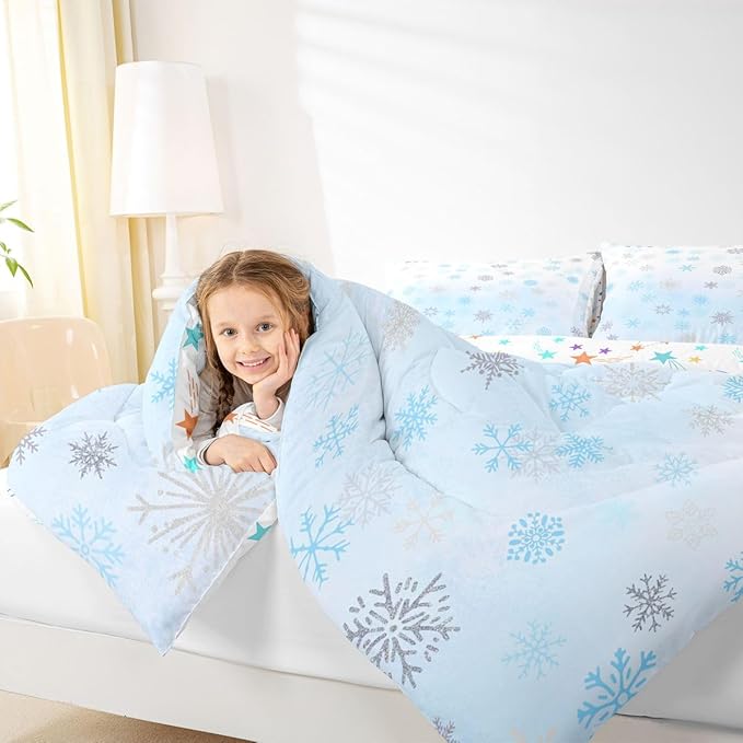 Feelyou Glitter Snowflake Comforter Set Queen Size, Blue Snowflake Comforter Kids Toddler Ombre Bedding Set Winter Theme Duvet Set Microfiber Bed Set