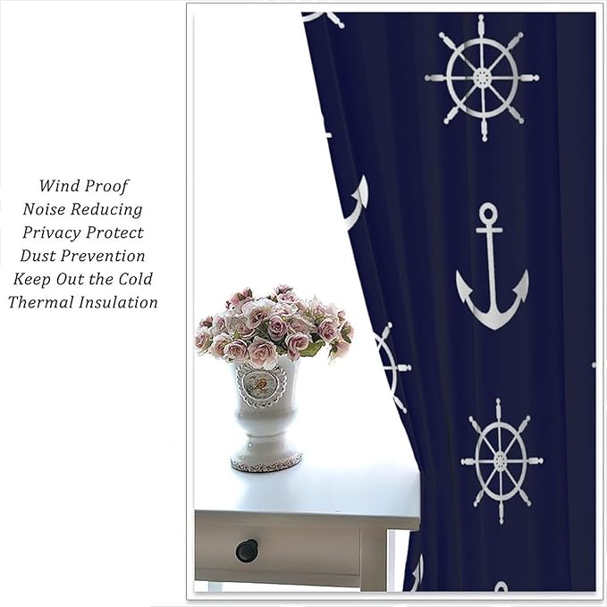 Nautical Rudder Curtains,MarineThemed Oceanic Anchor Pattern Blackout Print Home Bedroom Living Room Window Treatments 2 Panel Set 63x72 Inch