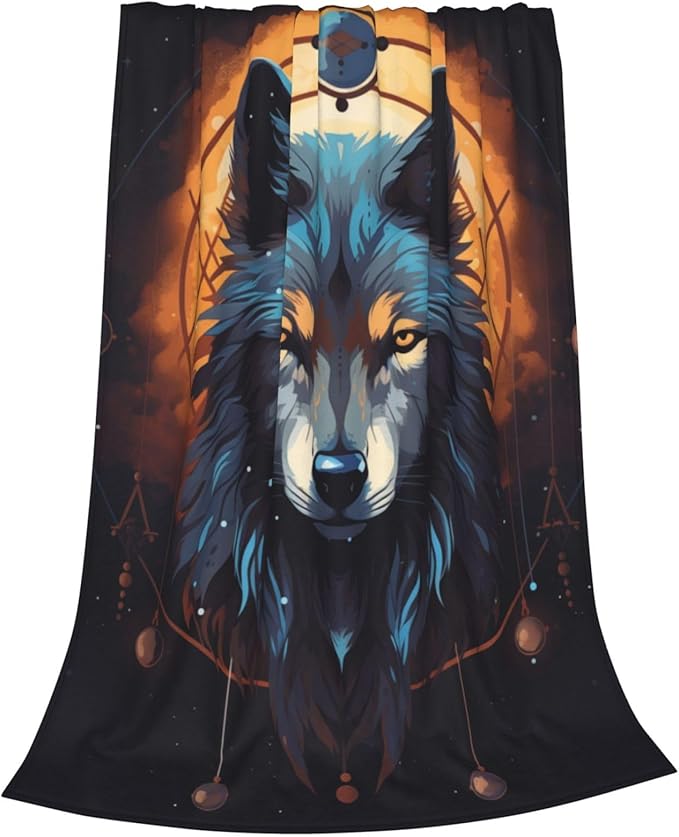 Cartoon Wolf Dream Catcher Blanket Gifts Moon Wolves Flannel Throw Blankets for Home Decor Couch Bed Sofa Soft Fuzzy Lightweight for All Season 60x50 Inches