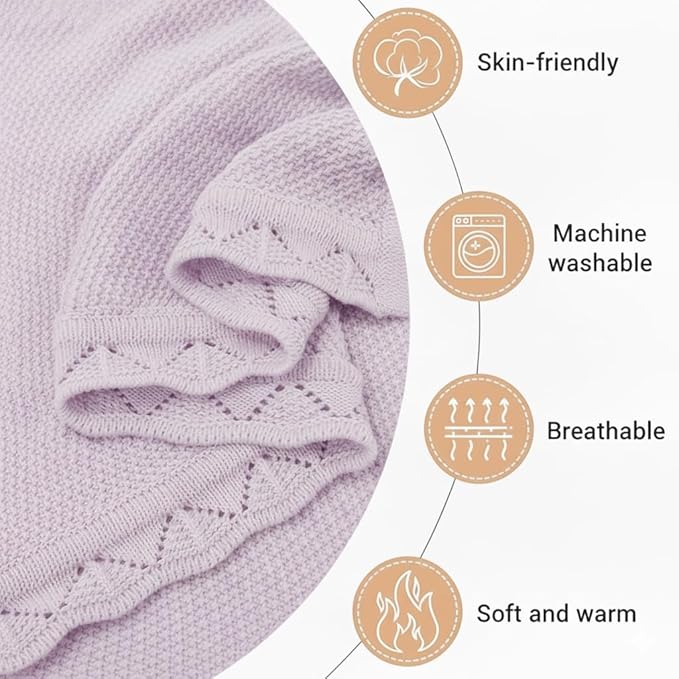 Baby Knit Blanket Soft Breathable Cotton Scallop Border Blankets Newborn Knitted Blanket Swaddle Blankets Gifts for Baby Newborn Toddler Shower Boy Girl New Mom Birthday Christmas Lilac 30x30