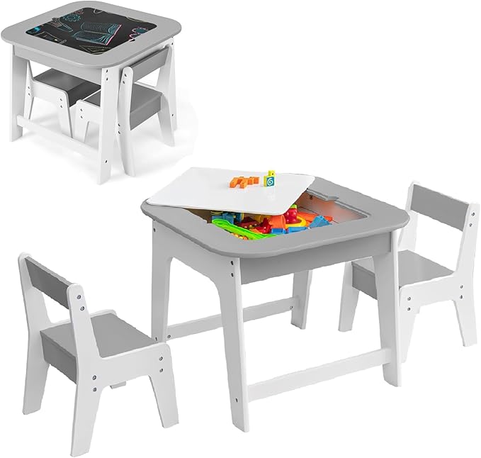 INFANS Kids Table and Chair Set, 3 in 1 Wooden Activity Table with Removable Tabletop, Blackboard and Whiteboard for Toddlers Arts Crafts Drawing Reading Playing, Playroom Nursery (Grey)