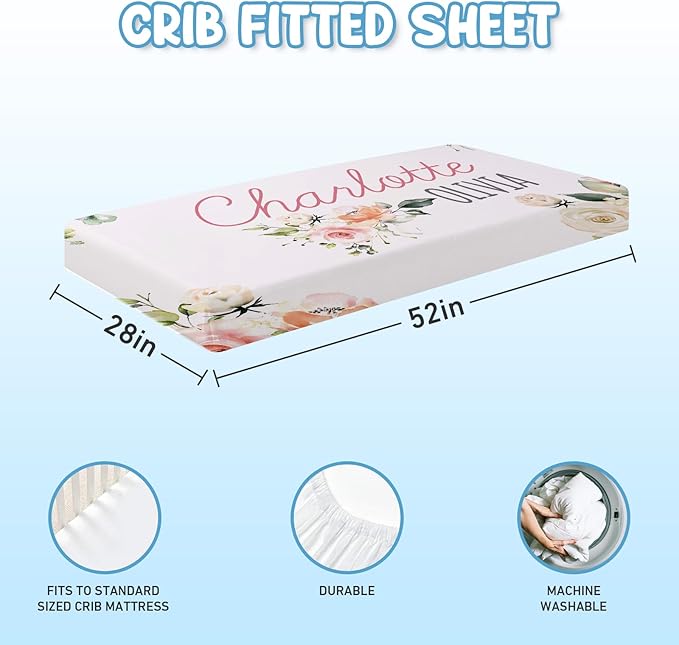 Personalized Baby Bedding Set: 5 Piece Custom Gift Rose Highland Cow Crib Bed Set with Name, Nursery Bedding Set for Baby Girls and Boys, Floral Crib Bedding Gifts (Fixed Size)