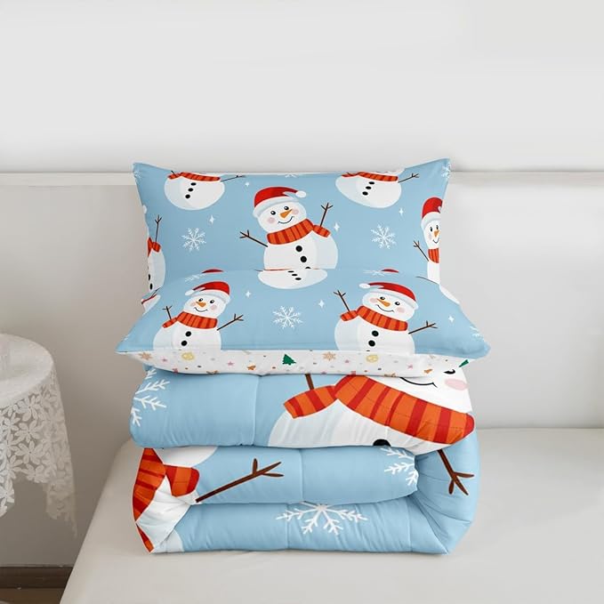 Feelyou Merry Christmas Bedding Set Soft for Boys Girls, Snowman Comforter Set Queen Size Snowflake Duvet Quilt Microfiber Bedroom Decor 3 Pcs with 2 Pillow Cases