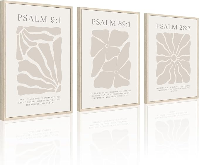 Joocrise Scripture Christian Wall Art Set of 3 Beige Bible Verses Wall Decor Neutral Psalm Canvas Wall Art Modern Pictures Flower Prints Christian Artwork for Living Room Bedroom 12x16 Inch Framed