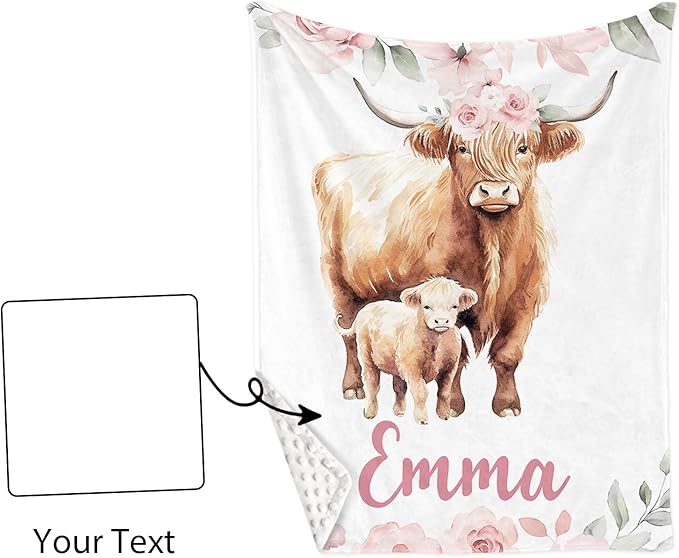 Personalized Crib Bedding Set for Boys Girls, Custom Baby Crib Sets with Name, Pink Highland Cow Design Nursery Bedding 2 Piece - Soft Blanket with Double Layer Dotted Backing, Crib Fitted Sheet