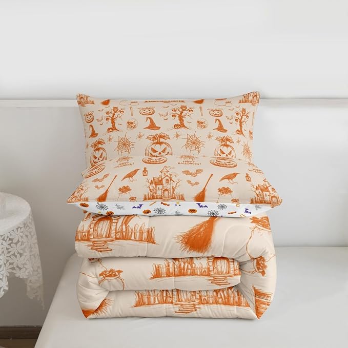 Erosebridal Halloween Bedding Set Orange Pumpkin Bat Comforter Set King Size,Vintage Halloween Decor Quilt for Kids Boys Girls Adults Happy Festival Themed Duvet Insert