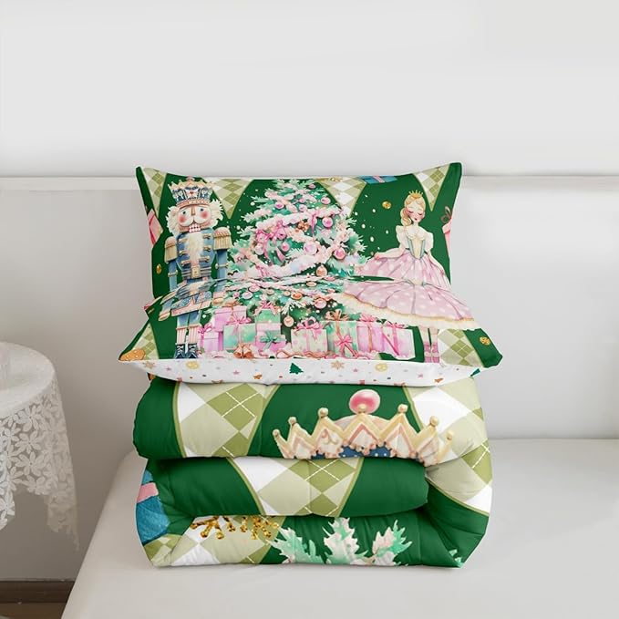 jejeloiu Christmas Nutcracker Comforter Set Twin Size Gingerbread Man Bedding Set for Kids Boys Girls Xmas Tree Duvet Quilt Green Bedroom Decor