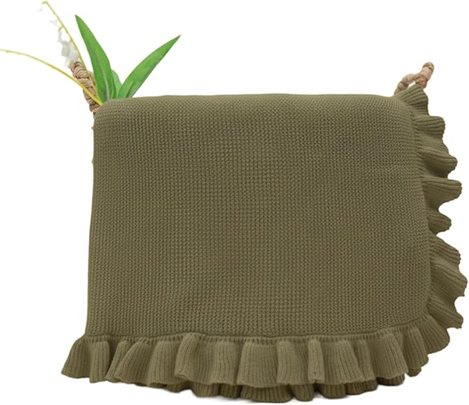 Cotton Baby Blanket with Ruffle Edge Soft Breathable Newborn Blanket for Boys & Girls, Lightweight Knit Throw for Crib, Stroller & Nursery Multiple Colors Available Green 30x30