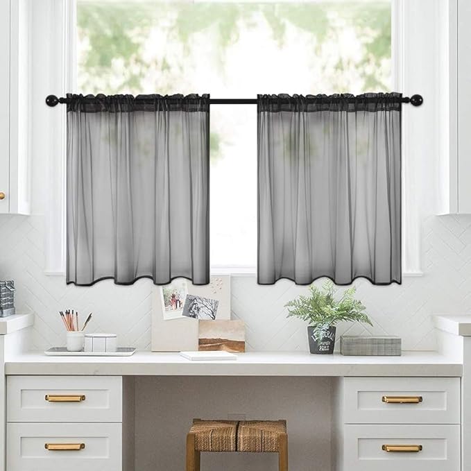 MIULEE 2 Panels Kitchen Tiers Half Window Sheer Halloween Curtains-Rod Pocket Voile Drapes for Kitchen Bathroom-Small Windows 29 by 36 Inch Black