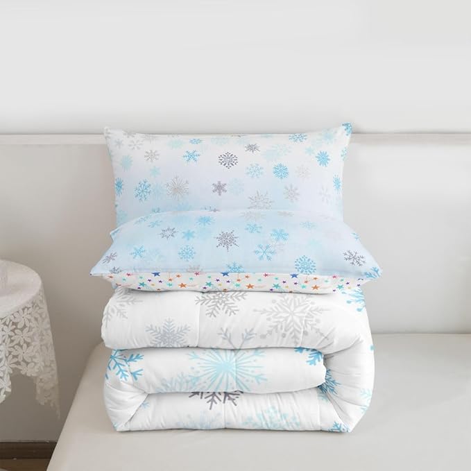 Feelyou Glitter Snowflake Comforter Set Queen Size, Blue Snowflake Comforter Kids Toddler Ombre Bedding Set Winter Theme Duvet Set Microfiber Bed Set