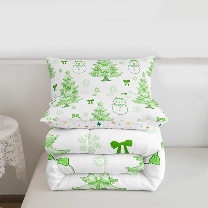 Feelyou Merry Christmas Comforter Set All Season Cute Snowman Bedding Set with 1 Pillow Cases Cartoon Bowknot Microfiber Kids Toddler Bedclothes Christmas Tree Duvet Quilt Soft Lightweight
