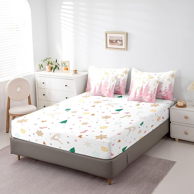 Feelyou Christmas Tree Bed Set for Children Kids Boys Girls Luxury Chic Xmas Theme Bed in a Bag Glitter Snowflake Comforter Set with Sheets Pink Room Decor Bedding Set King Size
