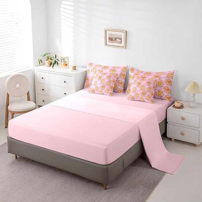 Erosebridal Christmas Gingerbread Full Bedding Set 7 Piece,Cute Gingerbread Man Bed in A Bag,Xmas Snowflake Comforter Set Girls Sheet Set with Comforter,Pink Christmas Decoration