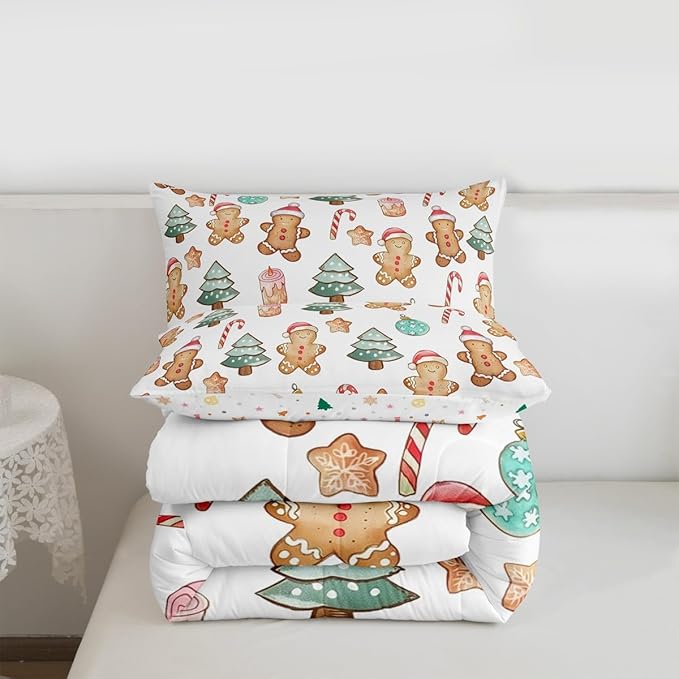 Feelyou Pink Gingerbread Comforter Set King Size Christmas Bedding Set for Kids Boys Girls Candy Cane Duvet Quilt Xmas Bedroom Decor Microfiber 3 Pcs with 2 Pillow Cases