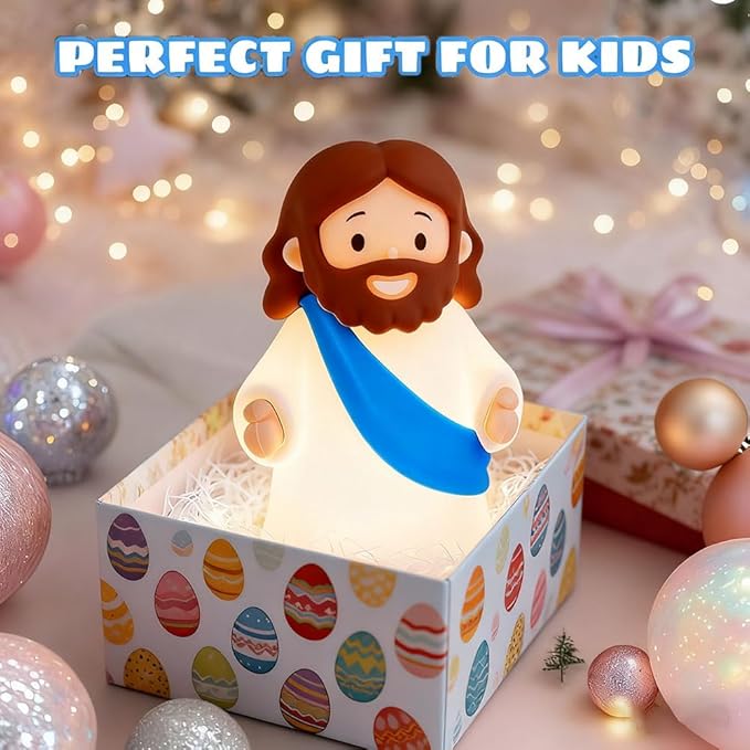 Little Jesus Night Light Mini Jesus Silicone Lamp Dimmable Nursery Nightlight for Kids Rechargeable Bedside Touch Lamp Perfect for Christmas, Easter and Baptism Gifts (Blue)