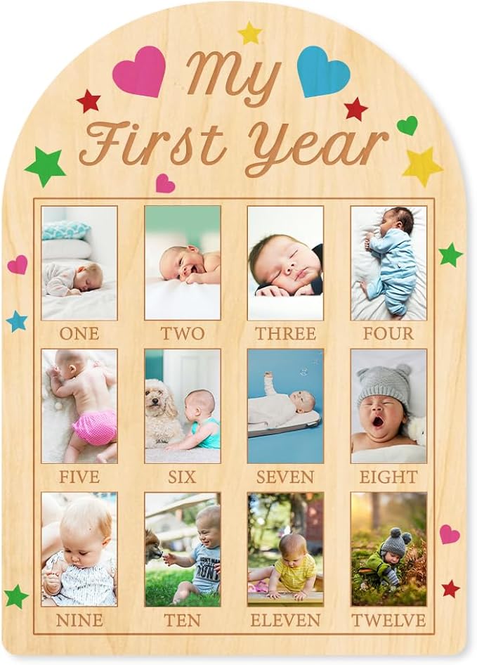 ORIGACH My First Year Baby Growth Photo Display Wood Board - 12 Months Newborn Milestones Photo Board - Neutral Baby Keepsake Frame 1st Birthday Party Nursery Decor New Mom Gift -Colorful Heart Star