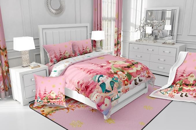 jejeloiu Merry Christmas Comforter Set Full Size Santa Claus Bedding Set for Kids Boys Girls Cute Deer Duvet Quilt Pink Bedroom Decor