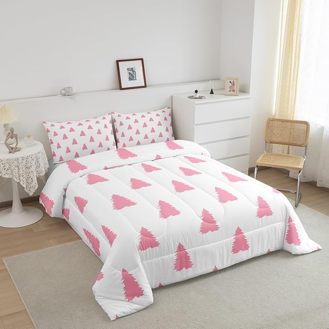 Feelyou Pink Christmas Trees Bedding Set for Kids Boys Girls Twin Size Holiday Comforter Set Ultra Soft Winter Comforter Xmas Decor Duvet Quilt Bedroom Decor Christmas Ornaments Quilt