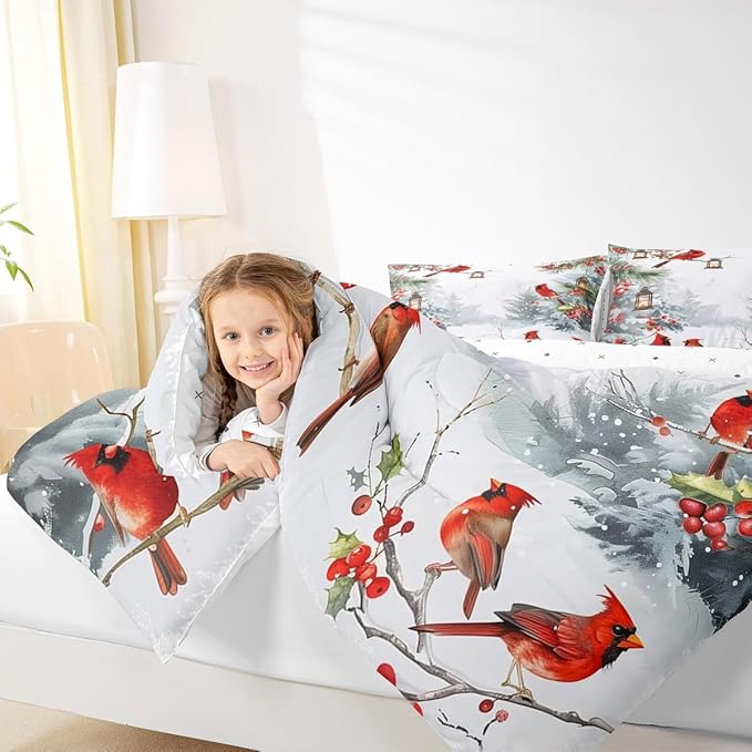 jejeloiu Kids Red Cardinal Comforter Set King Size Christmas Theme Bedding Set for Boys Girls Teens Xmas Birds Winter Country Woodland Animal Duvet Quilt Room Decor