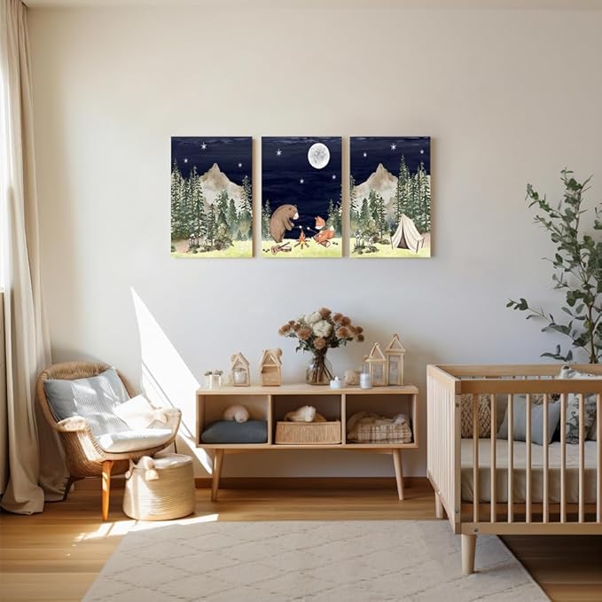 Camping Nursery Wall Decor, Bear Fox Nursery Print, Moon Night Woodland Nursery Decor, Watercolor Mountain Forest Wall Art, Set of 3 Nature Picture for Boy Girl Bedroom, Framed Canvas, 12"x16"x3