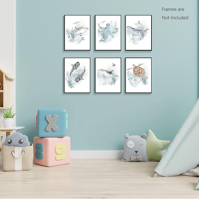 Wodkwq Nursery Wall Art Sea Animal Canvas Prints Baby Girl Boy Room Decor Watercolor Paintings Pictures Cute Ocean Theme Toddler Room Decoration Set of 6 for Kids Bedroom Bathroom 12x16in Unframed