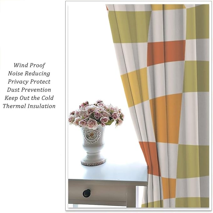 Orange Checkered Curtains,70s Vintage Twisted Checkered Window Drapes Colorful Groovy Trendy Wavy Hippie Grid Print Window Treatments for Kids Girls Bedroom Living Room Bathroom 72"W X 63"L