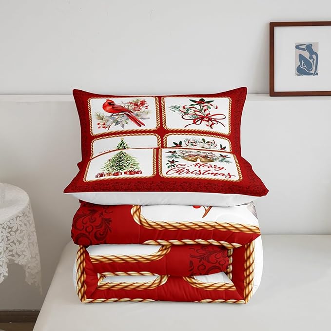 Christmas Plaid Comforter Set King Size,Berries Cardinals Xmas Pine Print Bedding Set All Season Quilt Set,Floral Bells Red Lace Patchwork Microfiber Polyester Down Comforter