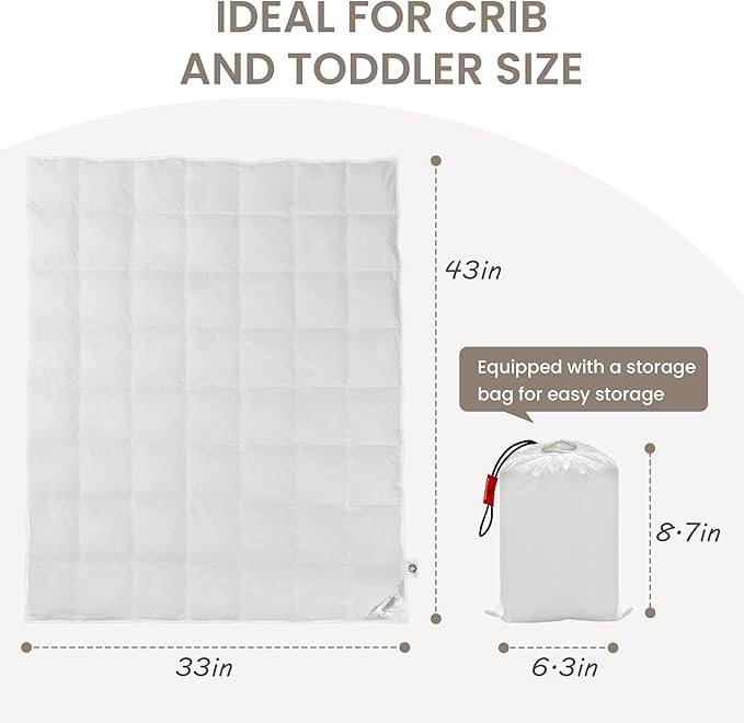 Toddler Goose Down Comforter Lightweight Summer Cooling Baby Duvet Insert, Hypoallergenic 100% Organic Cotton Crib Quilted Washable Nursery Blanket with Corner Tabs, White 33x43 Inches