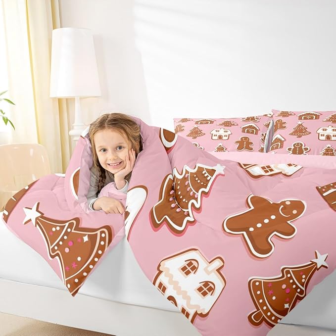 Feelyou Christmas Comforter Set Toddler Size Gingerbread Man Bedding Set for Kids Boys Girls Snowflake Duvet Quilt Xmas Tree Bedroom Decor Microfiber 2 Pcs with 1 Pillow Cases