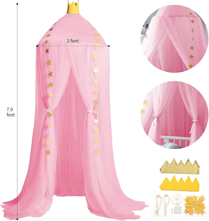 Princess Bed Canopy for Girls and Kids Hanging Mosquito Net for Baby Crib Nook Castle Game Tent Nursery Play Room Decor(Pink)