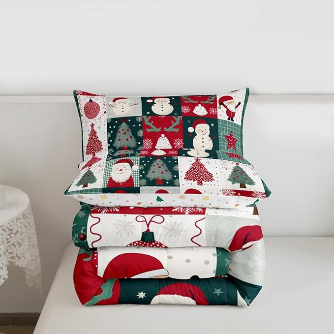 Feelyou Merry Christmas Comforter Set All Season Xmas Tree Snowman Bedding Set with 2 Pillow Cases Santa Claus Microfiber Kids Full Bedclothes Patchwork Bedroom Decor Duvet Quilt Breathable Soft