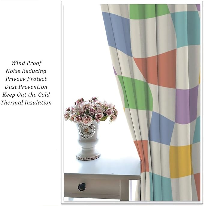 Checkered Curtains,70s Vintage Twisted Checkered Window Drapes Colorful Groovy Trendy Wavy Hippie Grid Print Window Treatments for Kids Girls Bedroom Living Room Bathroom 63" W X 72" L