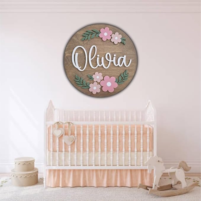 Personalized Wooden Name Sign - Custom Baby Name Signs for Nursery & Kids Room Decor - Baby Announcement Sign - Name Wall Art - Wooden Letters for Wall - Custom Round Nursery Name Sign (Name Round)