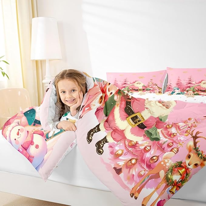 jejeloiu Merry Christmas Comforter Set Twin Size Santa Claus Bedding Set for Kids Boys Girls Cute Deer Duvet Quilt Pink Bedroom Decor