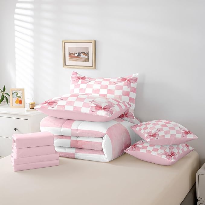 7 Pieces Pink Bowknot Kids Comforter Full,Geometric Grid Checkered Patchwork Fashion Bedding Set,Bow Tie Knot Princess Chic Unique（Comforter+Fitted+Flat Sheet+2 Pillowcases+2 Throw Pillow Covers）