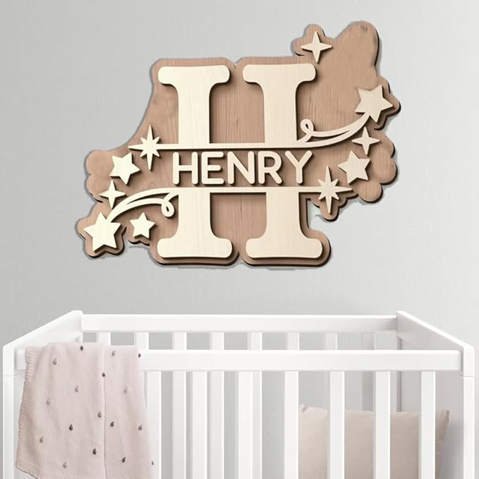 Personalized Nursery Name Sign, Custom Wooden Name Sign with Flowers, 3D Layered Wood Wall Decor for Baby Girl Room, Boho Floral Kids Room Name Plaque, 2 Layer /6