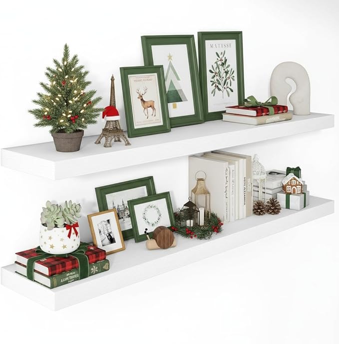 Vivelove 2" Thick Floating Shelves, 24/36/48/55 Inch X 12 Deep Shelves for Room Wall Mounted, Floating Shelf for Living Room Bedroom Bathroom Kitchen Laundry Room, Set of 2 White