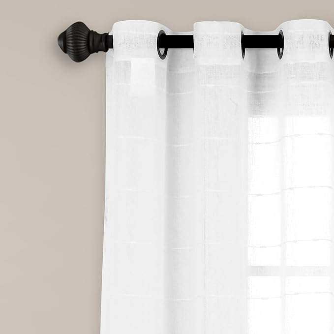 Lush Decor Farmhouse Textured Grommet Sheer Window Curtain Panel Pair, 38"W x 63"L, Bleach White