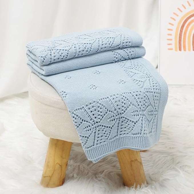 LAWKUL Cellular Blanket Baby 100% Cotton Knitted Soft Blankets Knit Crochet Newborn Swaddle Boy Girls Toddler Blue 100x80cm