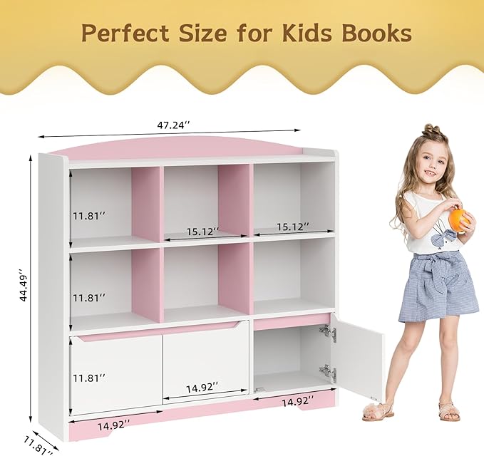 Kids Bookshelf and Toy Organizer, 2 Tier Kids Book Shelf for Kid Rooms with 2 Doors, 6 Cubes Storage Organizer,Wood Children Bookcase,Freestanding Toddler Book Display Shelf for Playroom WhitePink