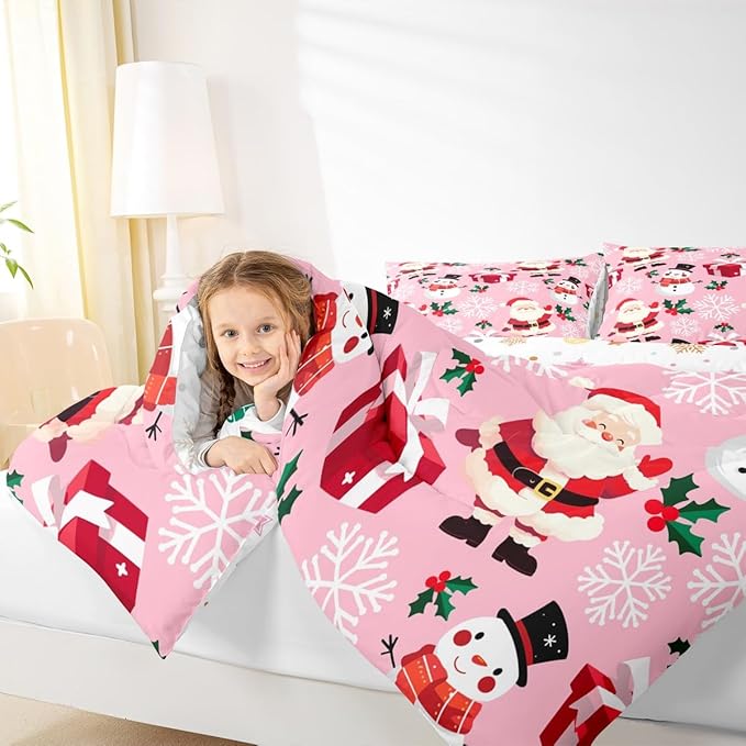 jejeloiu Merry Christmas Comforter Set Queen Size Xmas Santa Claus Bedding Set for Kids Boys Girls Cute Snowman Duvet Quilt Pink Bedroom Decor