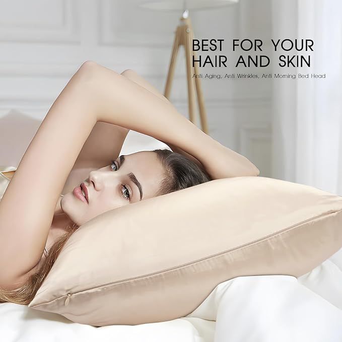 100% Mulberry Silk Zippered Bed Pillowcase for Hair and Skin,Zip Up Real Silk Large Pillow Case,19 Momme Grade 6A,1pc,Champagne,Super King Size 20x36 Inches