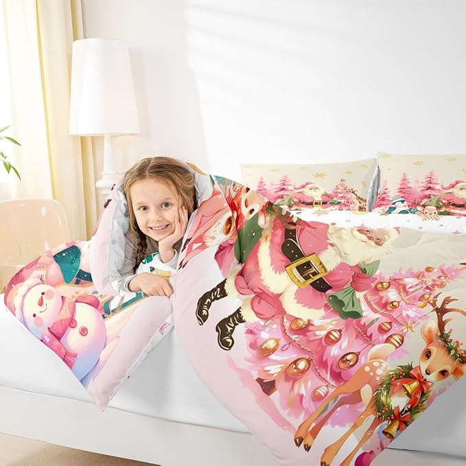 jejeloiu Merry Christmas Comforter Set Toddler Size Santa Claus Bedding Set for Kids Boys Girls Cute Deer Duvet Quilt Beige Bedroom Decor