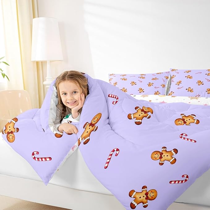 jejeloiu Kids Cute Gingerbread Man Comforter Set Queen Size Christmas Theme Bedding Set for Boys Girls Teens Xmas Candy Cane Happy New Year Purple Duvet Quilt Room Decor